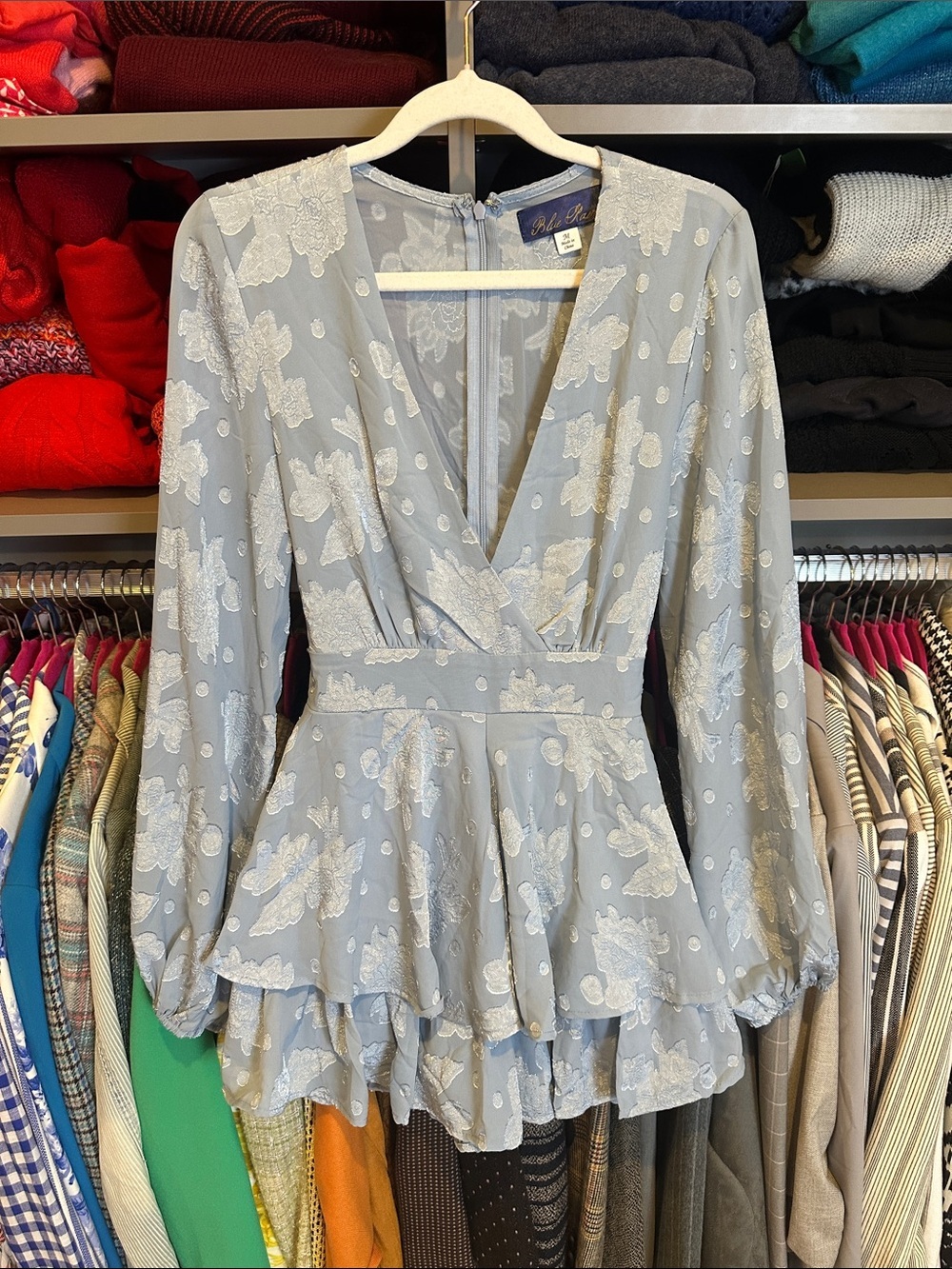 Blue Rain blue long sleeve back tie v neck romper size M